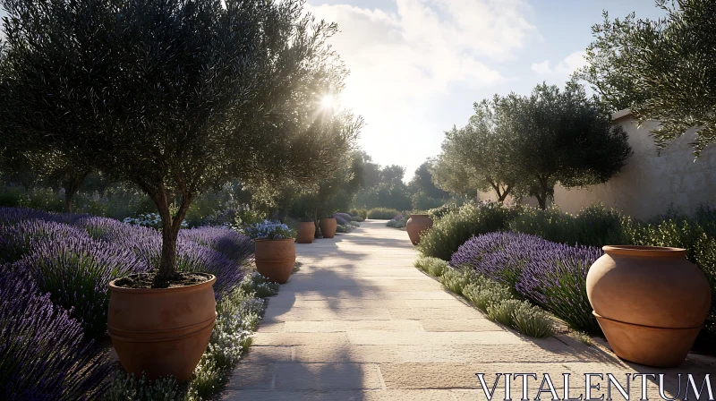 Sunlit Lavender Garden Pathway AI Image