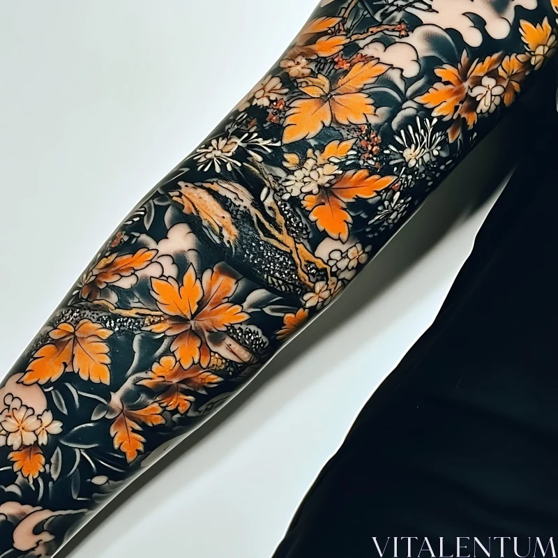 Floral Arm Sleeve Tattoo Design in Orange and Black AI Image