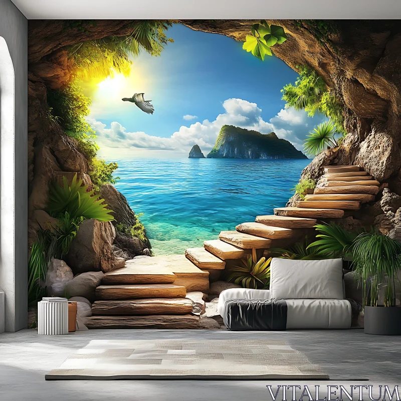 AI ART Tranquil Island Mural with Stone Steps