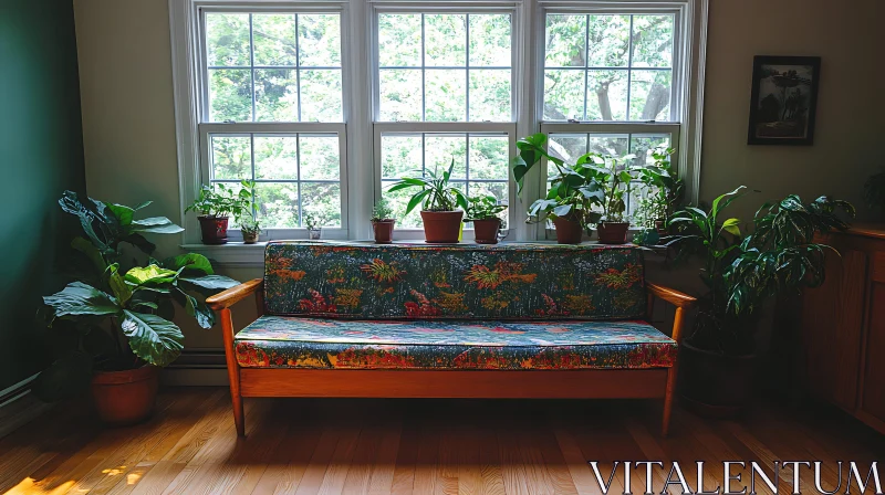 Sunlit Room with Plants and Sofa AI Image