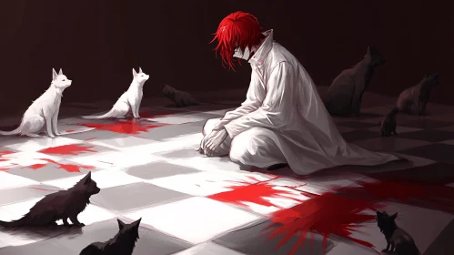 Dogs and Figure on Checkered Floor