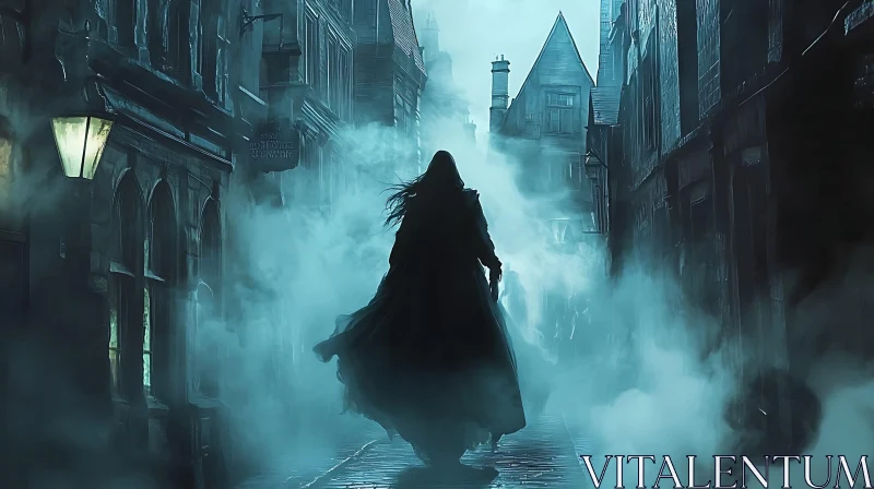 Cloaked Figure in Misty Alleyway AI Image