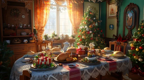 Christmas Table with Gifts and Food