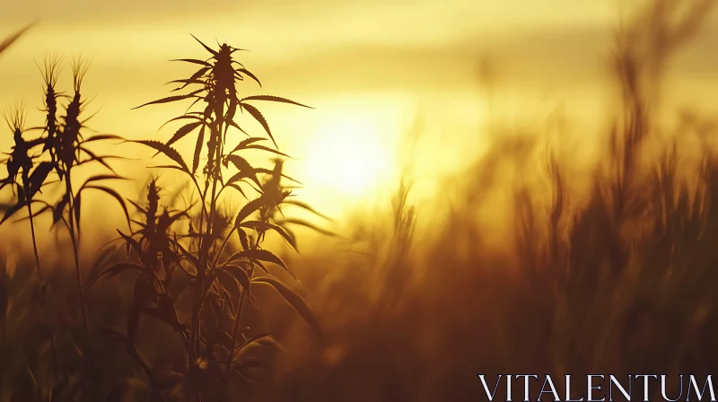 Warm Sunset Field Plant Silhouettes AI Image