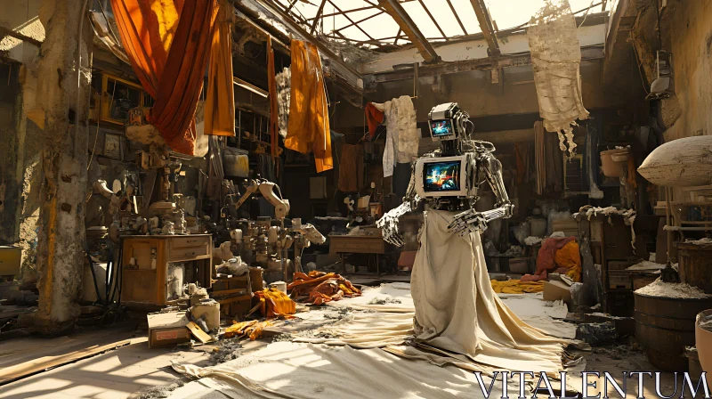 Robot with Monitors in Messy Room AI Image