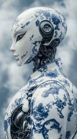 Futuristic Blue and White Porcelain Cyborg