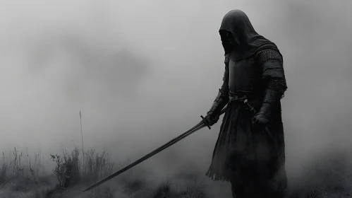 Hooded Warrior with Sword in Foggy Field