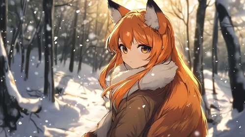 Anime Fox Girl in Snowy Forest