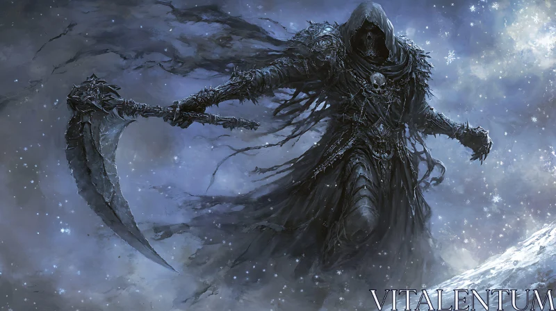 AI ART Dark Reaper with Scythe in Snowy Scene