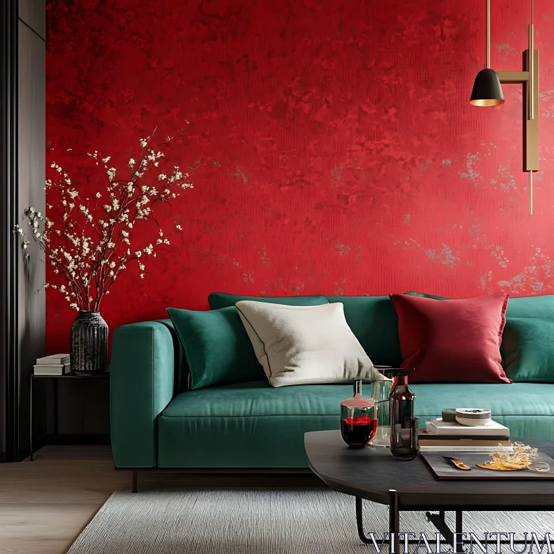 Modern Interior with Red Wall AI Image