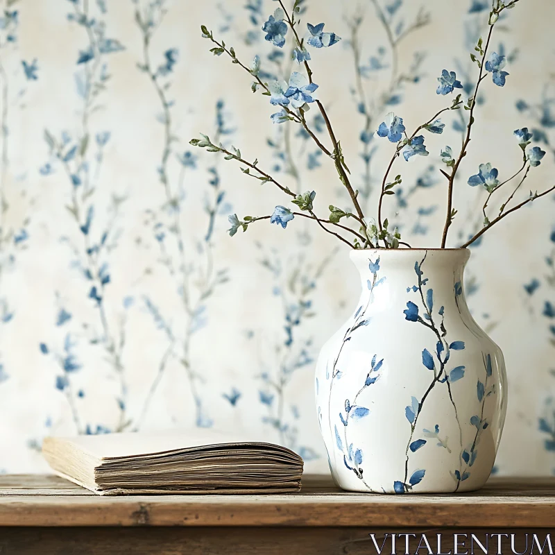 AI ART Blue Flowers in Vase with Vintage Book