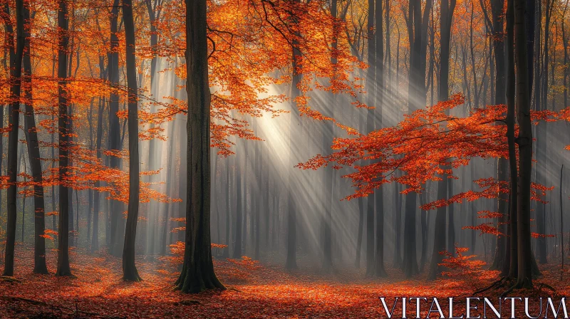 Autumn Forest Illuminated by Sunrays AI Image