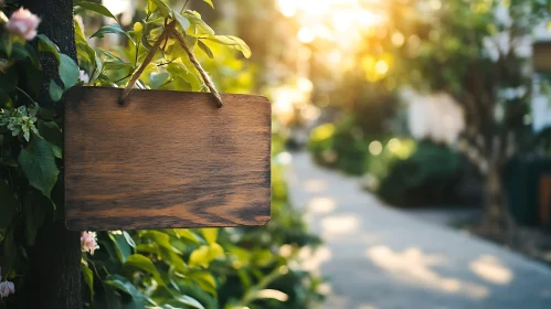 Blank Wooden Sign Hanging in Greenery