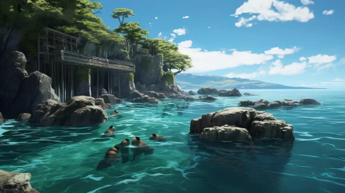 Anime Seascape with Pool and Rocky Shore - Tranquil Ocean Scene