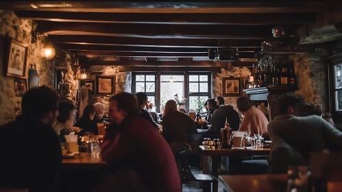 Rustic Dining: Patrons in Stone Walled Restaurant