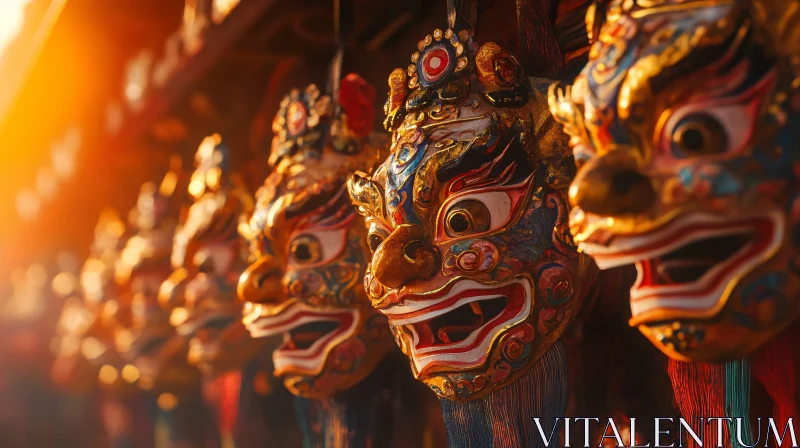 AI ART Row of Traditional Masks: A Cultural Display