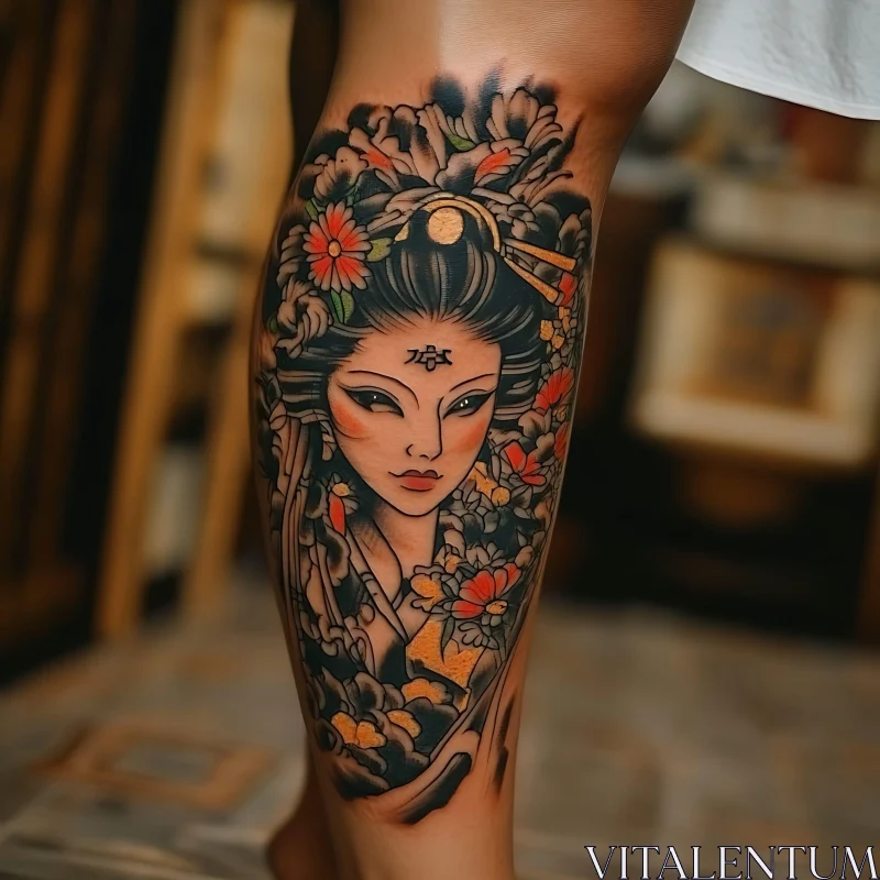 Exquisite Geisha and Floral Leg Tattoo AI Image