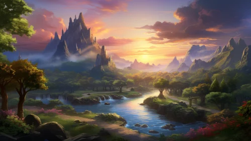 Captivating Scenic Landscape Painting with Waterfall, Mountains, and Ruins