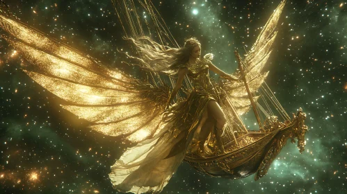 Golden Ship Angel in Starry Space