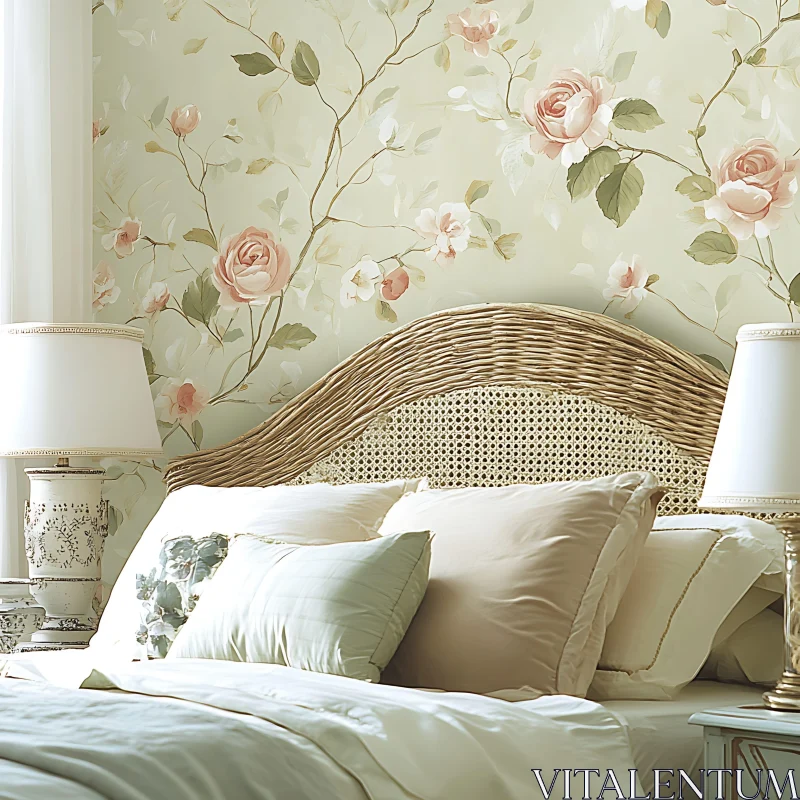 AI ART Floral Bedroom Interior with Wicker Headboard