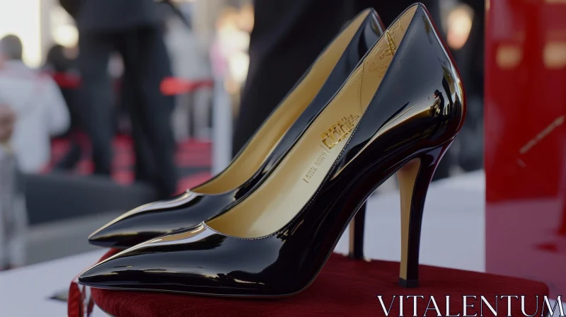 Elegant Black High Heel Shoes with Gold Nameplate on Red Velvet Cloth AI Image