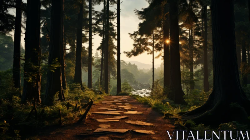 Enchanting Forest Path at Sunset: Romantic and Environmental Landscape AI Image