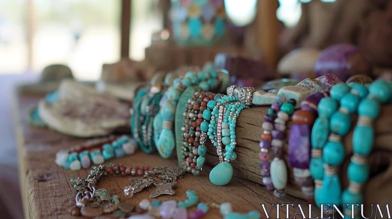 Exquisite Handmade Jewelry on Wooden Table - Vibrant Turquoise, Purple, and Brown Beads AI Image