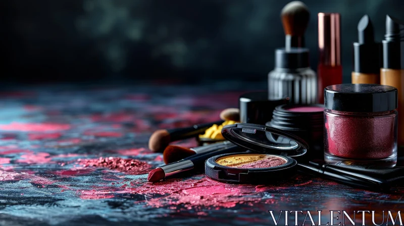 Exquisite Makeup Flat Lay on Dark Blue Table AI Image