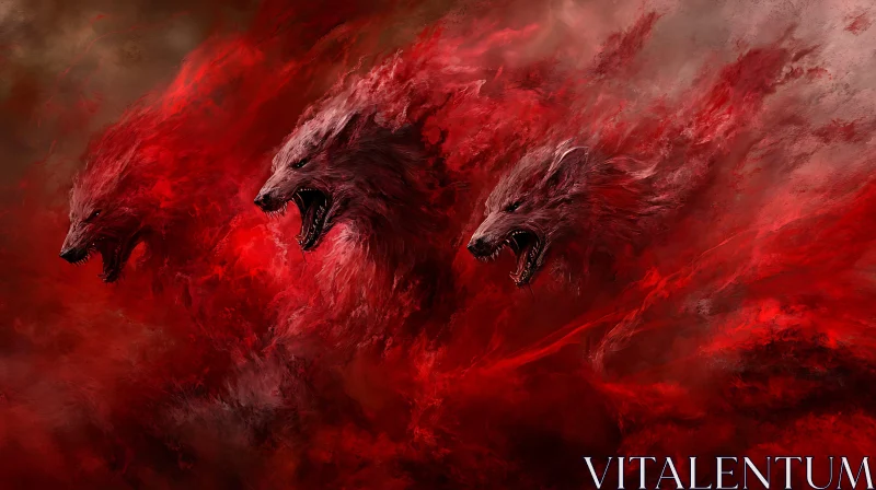 AI ART Wolves Emerging From Red Mist