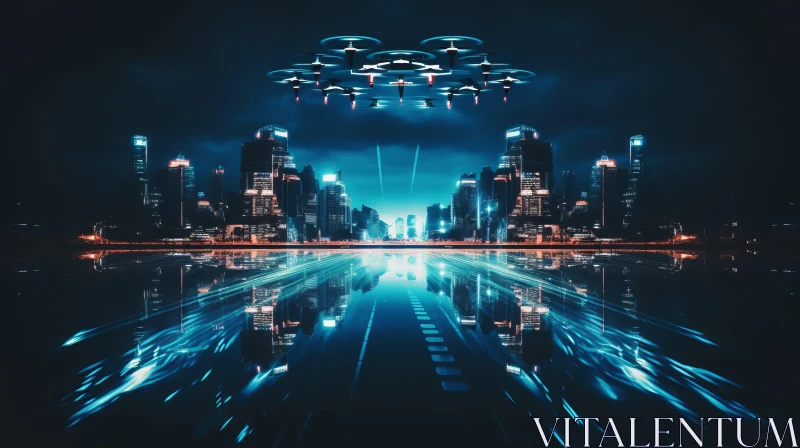 Futuristic Cityscape with Drone - Illuminated Techno Aesthetics AI Image