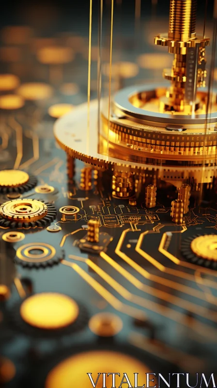 AI ART Golden Circuit Board and Gears - Abstract Technological Artistry