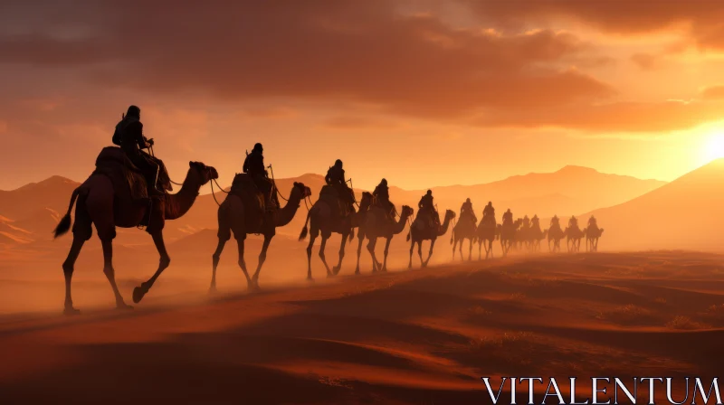 Journey through the Enchanting Landscape: People Riding on Camels AI Image
