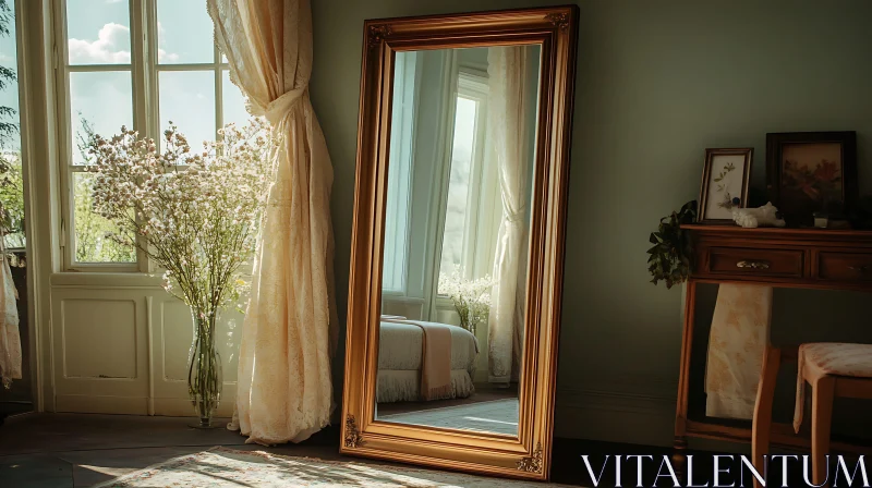 AI ART Sunlit Room with Gold Framed Mirror