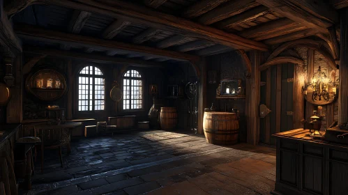 Rustic Wooden Interior with Barrels