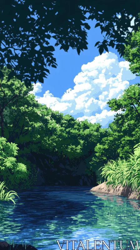 AI ART Serene River Scene in Dense Forest