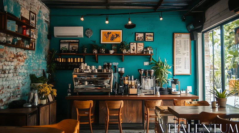 Teal-Walled Coffee Shop with Wooden Accents AI Image