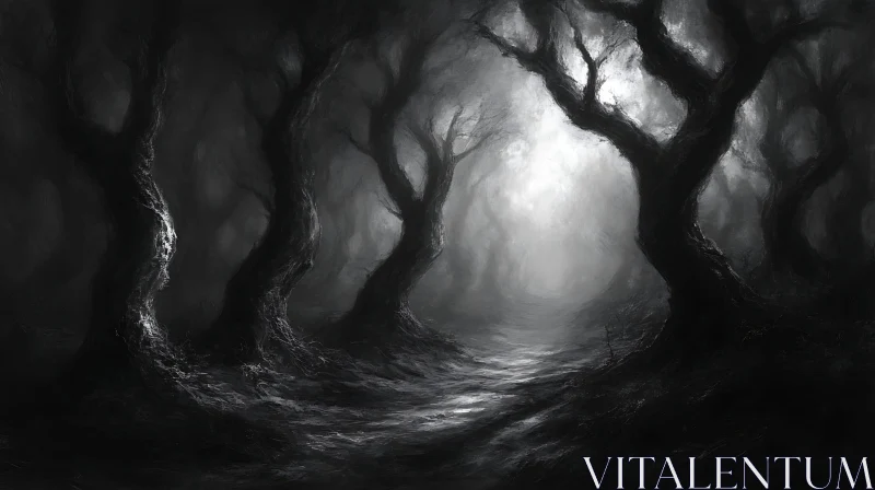 AI ART Mystical Dark Forest with Bare Trees