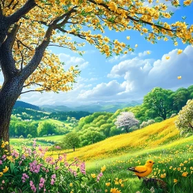 Peaceful Meadow Scene with Yellow Bird