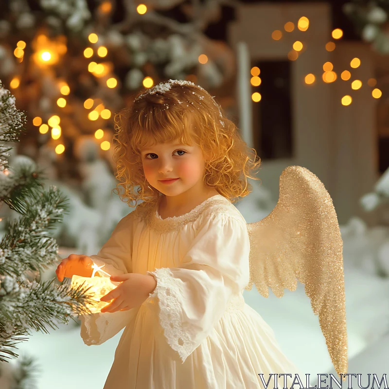 Radiant Angel Child Amidst Winter Lights AI Image