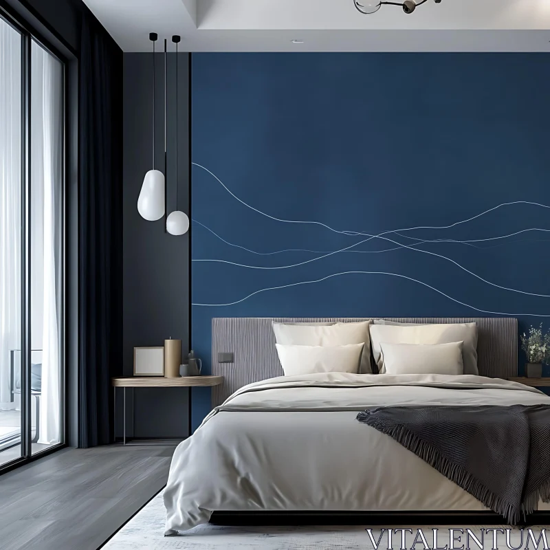 Minimalist Bedroom with Blue Accent Wall AI Image