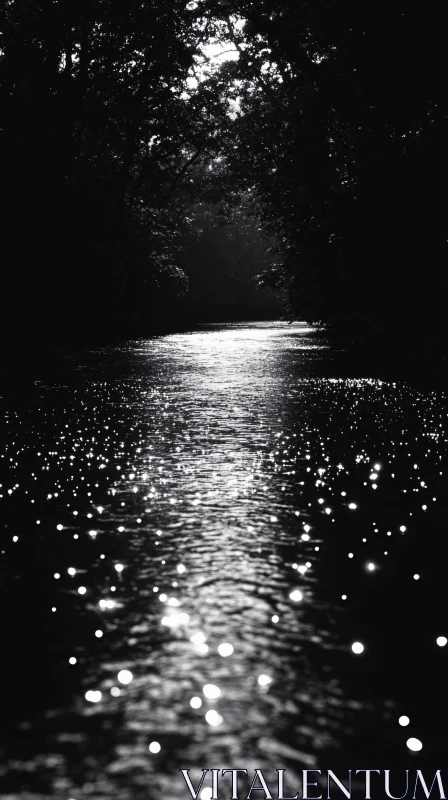 AI ART Peaceful Black and White Night River