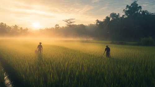 Farmers at Work in Misty Field