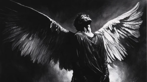 Black and White Angel with Open Wings