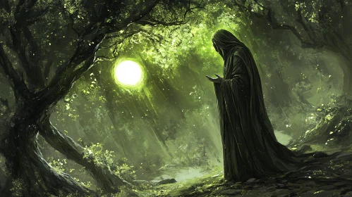 Hooded Figure in Ethereal Forest