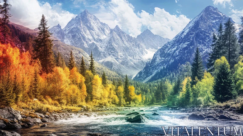 AI ART Autumn River Scene with Mountain Backdrop