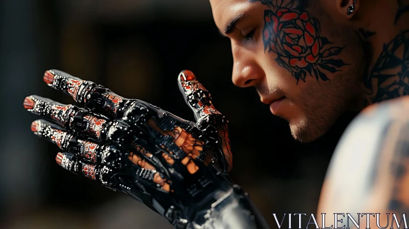 Tattooed Man Contemplating Robotic Hand AI Image