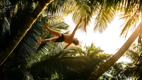 Floating Man Under Palm Canopy