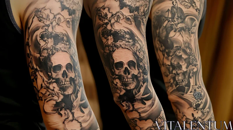 Realistic Skull and Floral Arm Tattoo AI Image