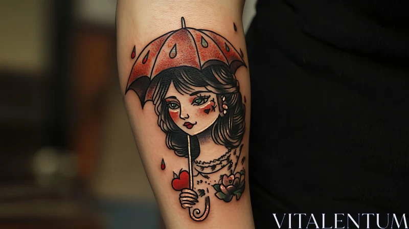 Emotive Woman Holding an Umbrella Tattoo AI Image