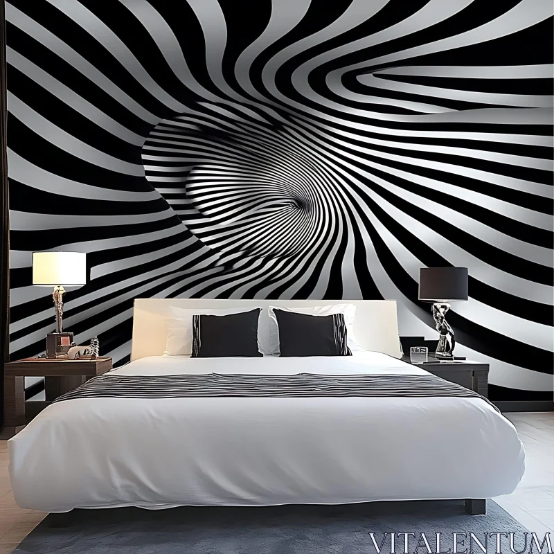 Stylish Bedroom with Swirling Stripes Mural AI Image